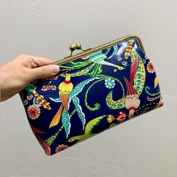 Handsewn Genuine Leather Floral Printed, Kisslock Clutch/Crossbody/Evening bag